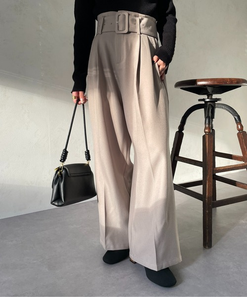 thevon ベルト付きハイウエストタックパンツ チャコールグレー Fサイズ Thevon スラックス パンツ ベルト付きハイウエストタックパンツ