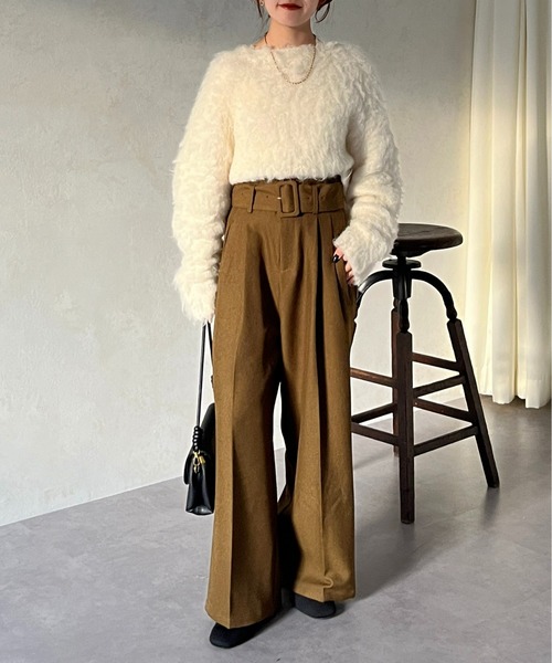 Thevon（ゼボン）の「ベルト付き起毛ハイウエストタックパンツ（スラックス・レディース・チャコールグレー/ブラック/カーキ/グレイッシュベージュ・FREE）」の10枚目の写真