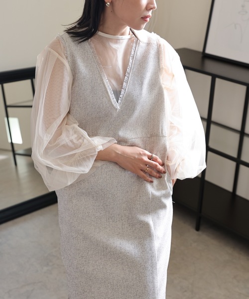 ULEULA（ウルア）の「ミックスツイードスリットワンピース/深Vネックワンピース（ワンピース・レディース・チャコールグレー/ブラック/アイボリー・FREE）」の5枚目の写真