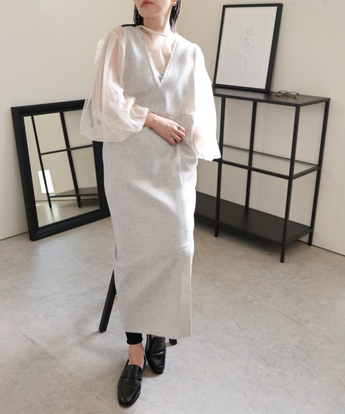 ULEULA（ウルア）の「ミックスツイードスリットワンピース/深Vネックワンピース（ワンピース・レディース・チャコールグレー/ブラック/アイボリー・FREE）」の14枚目の写真