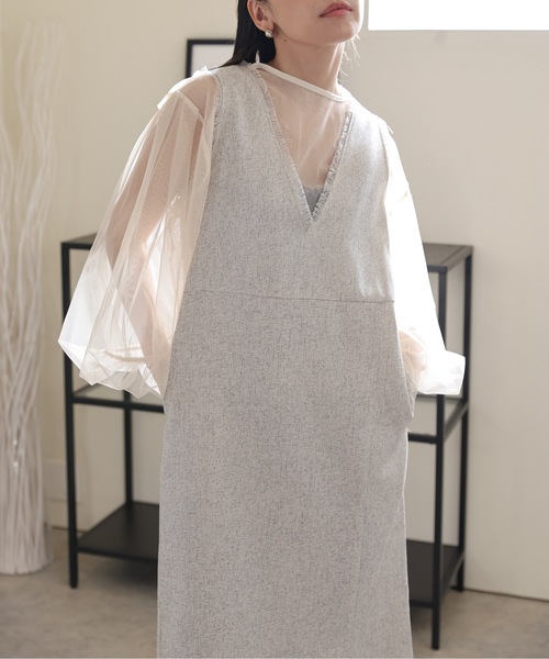 ULEULA（ウルア）の「ミックスツイードスリットワンピース/深Vネックワンピース（ワンピース・レディース・チャコールグレー/ブラック/アイボリー・FREE）」の6枚目の写真