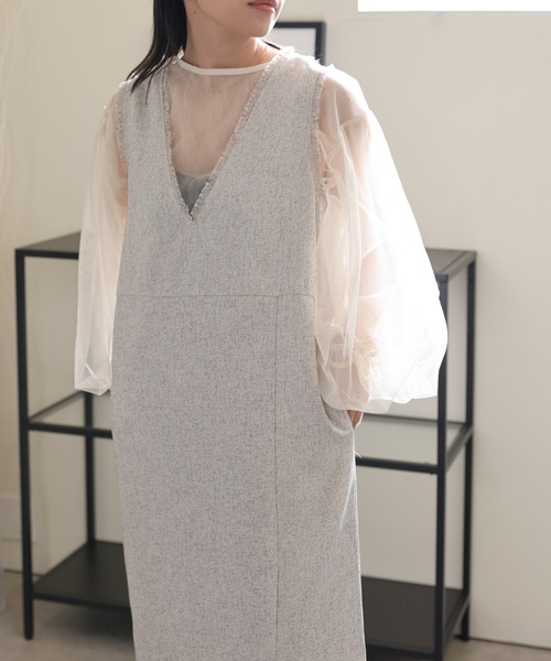 ULEULA（ウルア）の「ミックスツイードスリットワンピース/深Vネックワンピース（ワンピース・レディース・チャコールグレー/ブラック/アイボリー・FREE）」の7枚目の写真