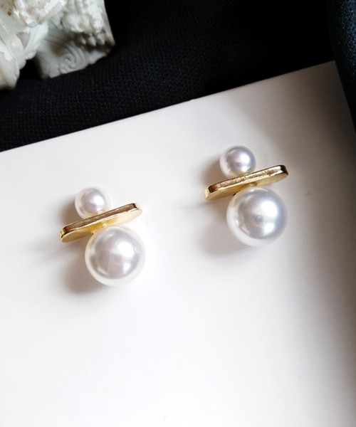 セール】ダブル パール ゴールド バー ピアス（ピアス（両耳用