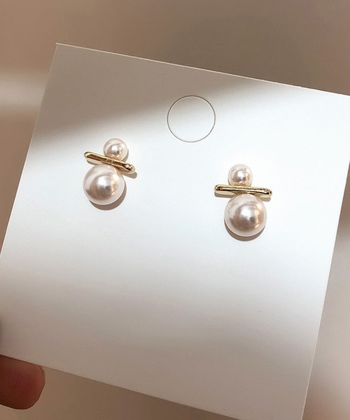ダブルパール/ダイヤモンドデザイン ゴールドピアス セール】ダブル パール ゴールド バー ピアス（ピアス（両耳用