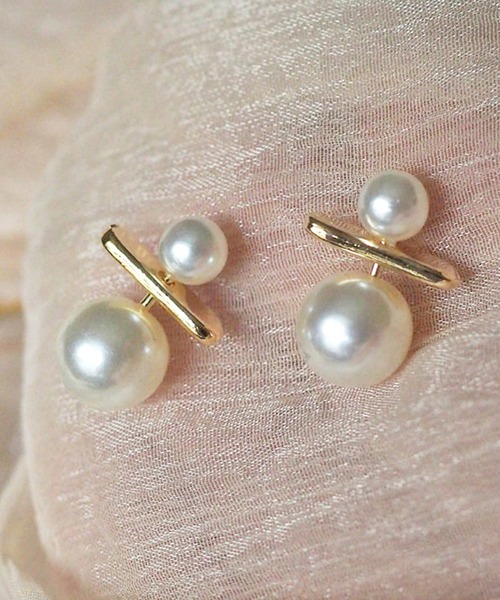 セール】ダブル パール ゴールド バー ピアス（ピアス（両耳用