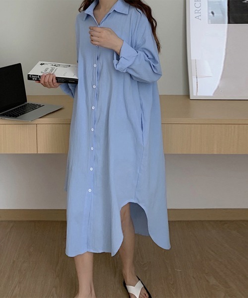 Miniministore(ミニミニストア)の「シャツワンピース ロングシャツカーデ(シャツ/ブラウス・レディース・ブルー/モカ/ホワイト/ブラウン/ベージュ/ピンク/ブラック/カーキ・XL/M/L)」の8枚目の写真