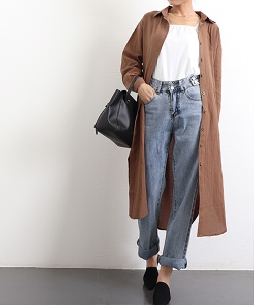 Miniministore(ミニミニストア)の「シャツワンピース ロングシャツカーデ(シャツ/ブラウス・レディース・ブルー/モカ/ホワイト/ブラウン/ベージュ/ピンク/ブラック/カーキ・XL/M/L)」の18枚目の写真