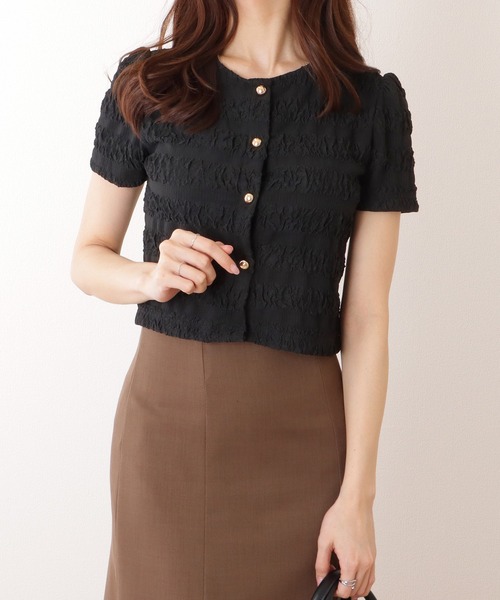 Lace Ladies(レースレディース)の「ぽこぽこ ボーダー ボタン付 半袖 クルーネック トップス(カーディガン/ボレロ・レディース・ホワイト/ピンク/ブラック・FREE)」の4枚目の写真