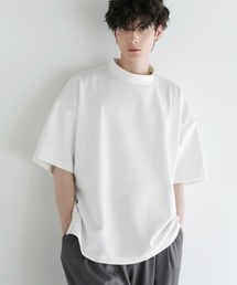 オーバーサイズ半袖ポンチ/フェイクスウェードモックネックTシャツ