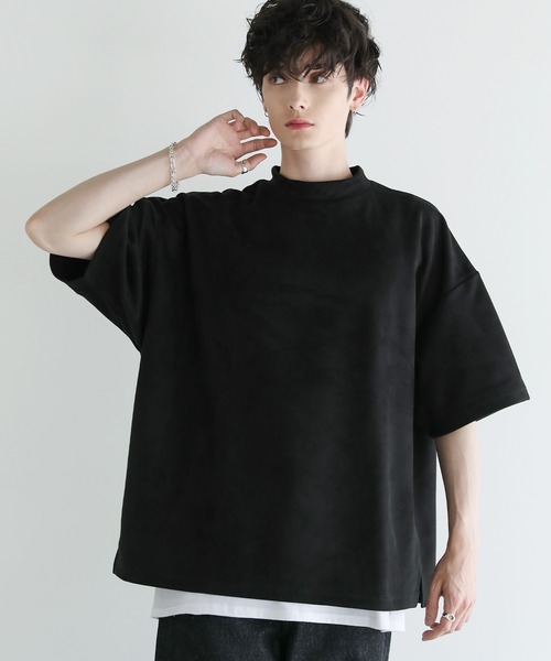 オーバーサイズ半袖ポンチ/フェイクスウェードモックネックTシャツ（T