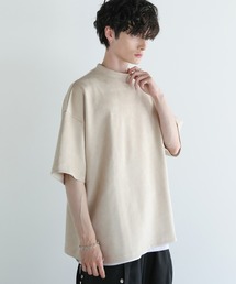 オーバーサイズ半袖ポンチ/フェイクスウェードモックネックTシャツ