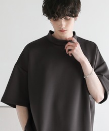 オーバーサイズ半袖ポンチ/フェイクスウェードモックネックTシャツ