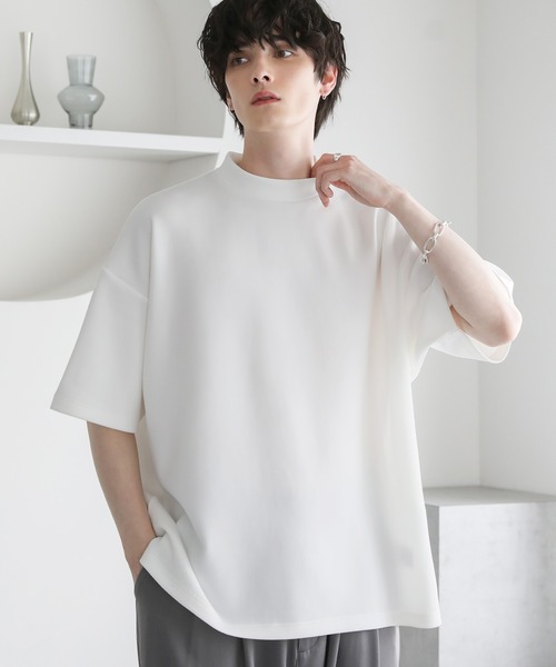 オーバーサイズ半袖ポンチ/フェイクスウェードモックネックTシャツ（T
