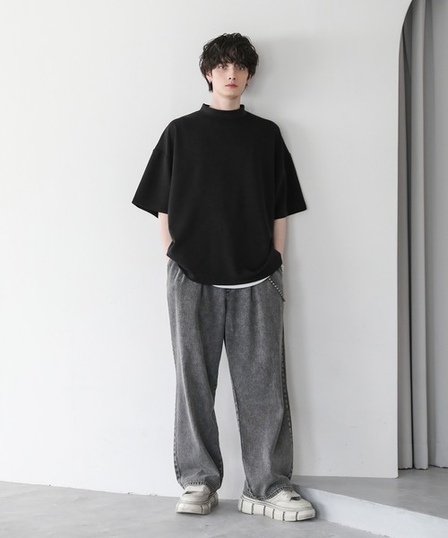 オーバーサイズ半袖ポンチ/フェイクスウェードモックネックTシャツ（T