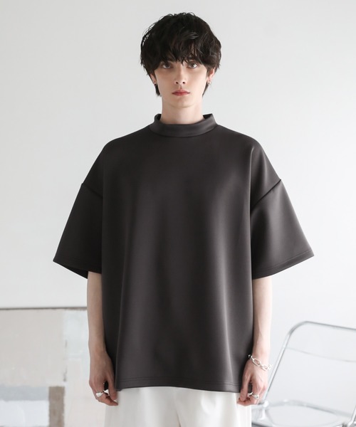 オーバーサイズ半袖ポンチ/フェイクスウェードモックネックTシャツ（T