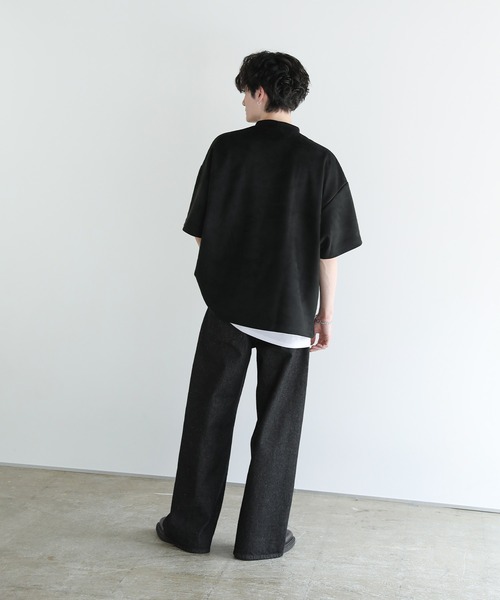 オーバーサイズ半袖ポンチ/フェイクスウェードモックネックTシャツ（T