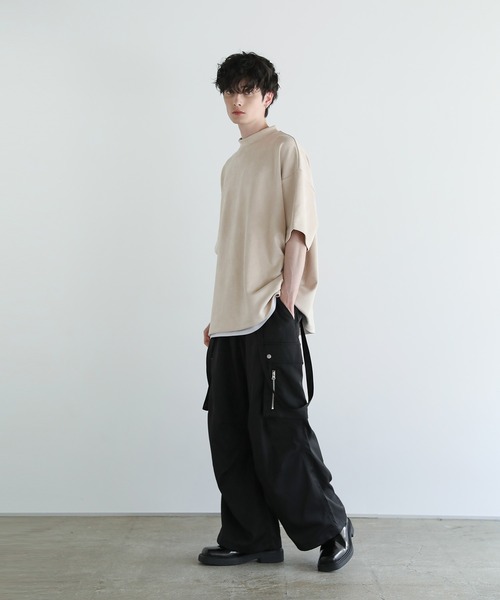 オーバーサイズ半袖ポンチ/フェイクスウェードモックネックTシャツ（T