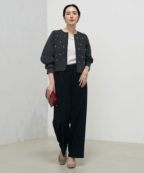 セール】《手洗い可能》パールビジュー片畦カーディガン（カーディガン