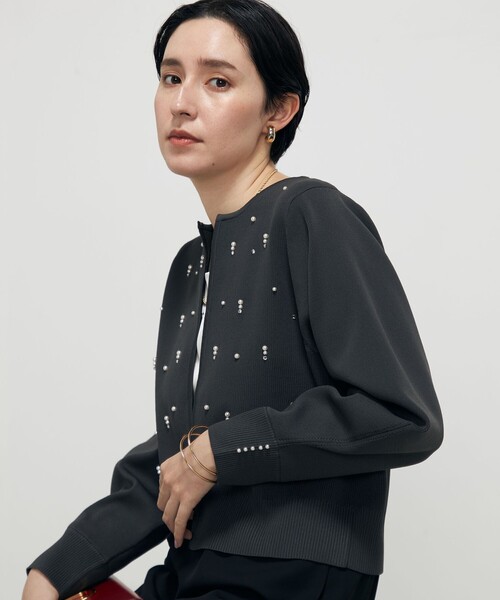セール】《手洗い可能》パールビジュー片畦カーディガン（カーディガン