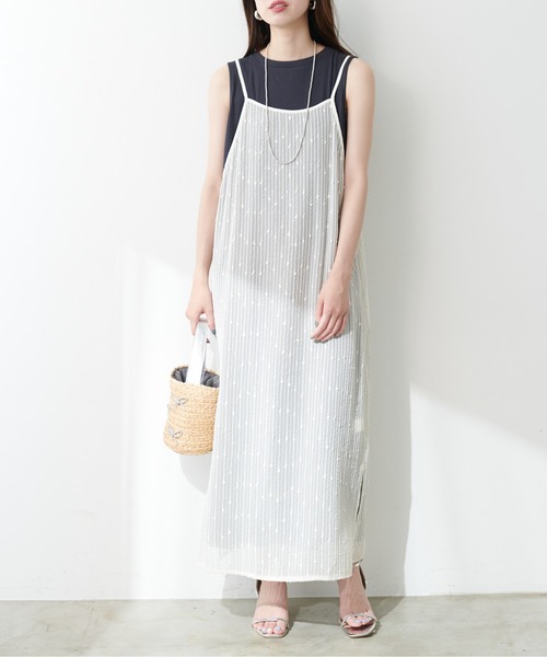 natural couture(ナチュラルクチュール)の「【WEB限定】ドビーストライプシアーキャミワンピース(ワンピース・レディース・ブラック/アイボリー/オレンジ・FREE)」の4枚目の写真
