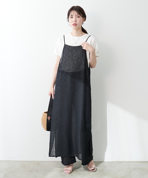 natural couture(ナチュラルクチュール)の「【WEB限定】ドビーストライプシアーキャミワンピース(ワンピース・レディース・ブラック/アイボリー/オレンジ・FREE)」の9枚目の写真