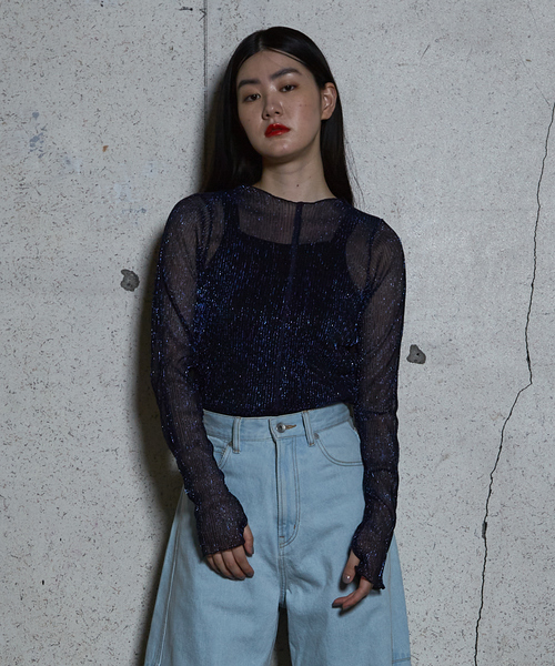 NOMINE(ノミネ)の「ラメ シアー プリーツ トップス (ロンT)(Tシャツ/カットソー・レディース・ブルー/ブラック/アイボリー/ブロンズ・フリー)」の18枚目の写真