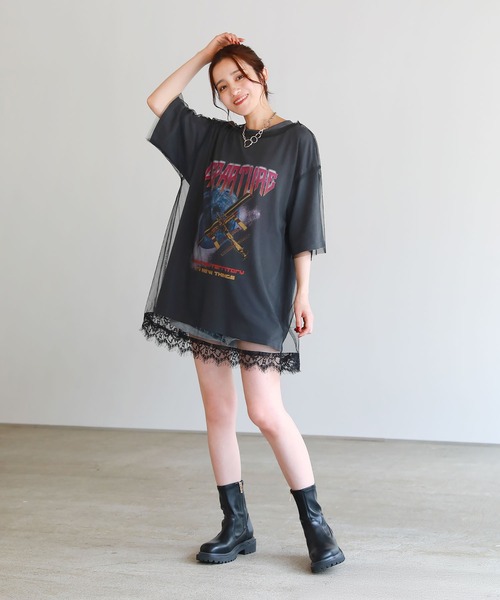 セール】ピグメント加工 ロックTシャツシアーチュールトップス2