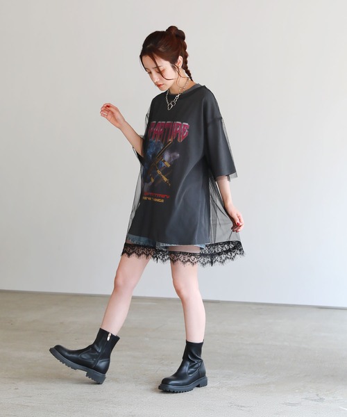 セール】ピグメント加工 ロックTシャツシアーチュールトップス2