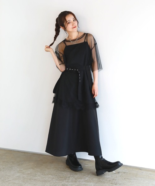 ピグメント加工 ロックTシャツシアーチュールトップス2点セット