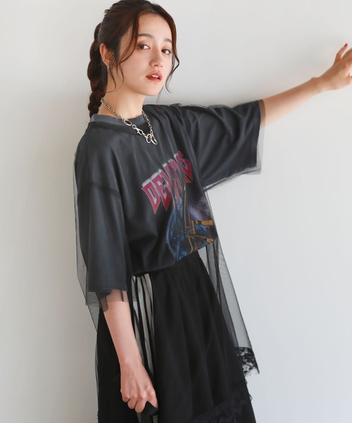 セール】ピグメント加工 ロックTシャツシアーチュールトップス2