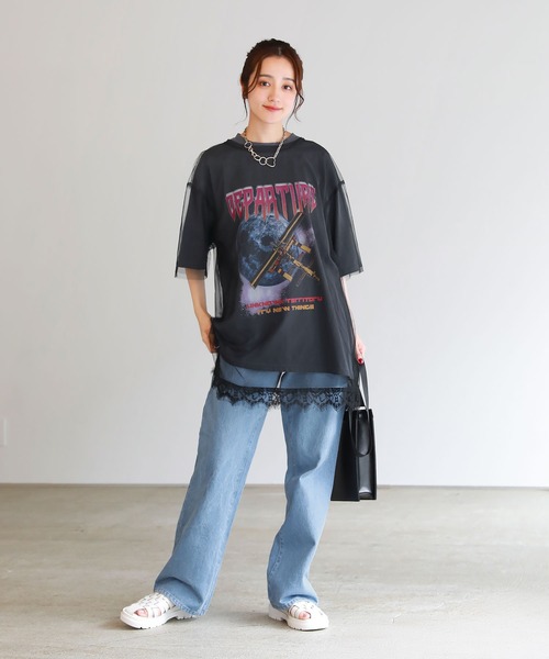 tシャツ ピグメント加工 ロックTシャツシアーチュールトップス2点セット レディース uora tシャツ ピグメント加工 ロックTシャツシアーチュール