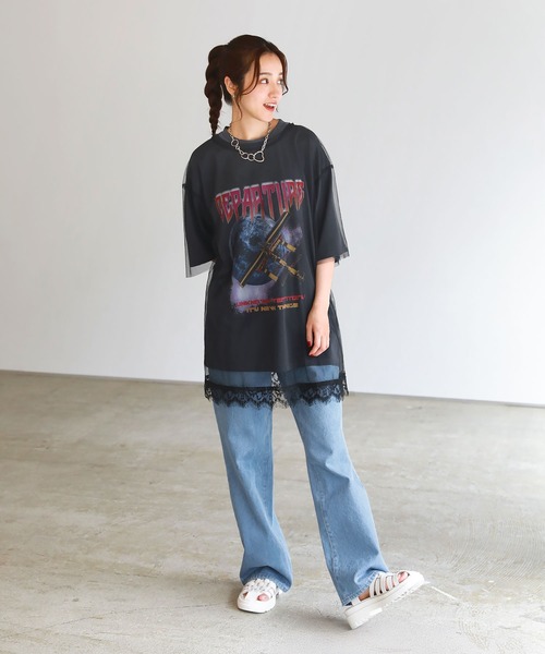 ピグメント加工 ロックTシャツシアーチュールトップス2点セット