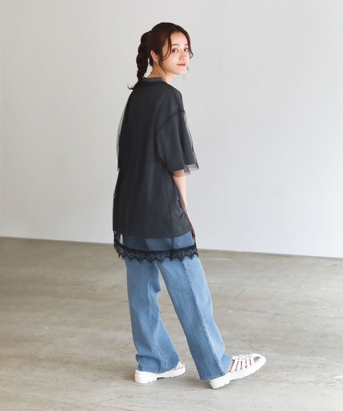ピグメント加工 ロックTシャツシアーチュールトップス2点セット