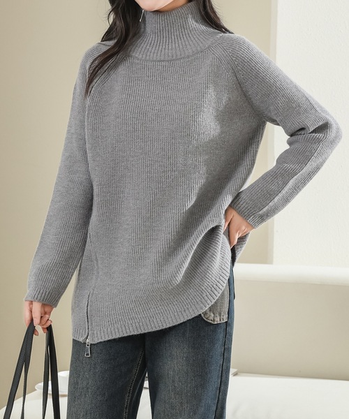 セール】ビッグシルエット サイドジップ ハイネック リブ ニット プル