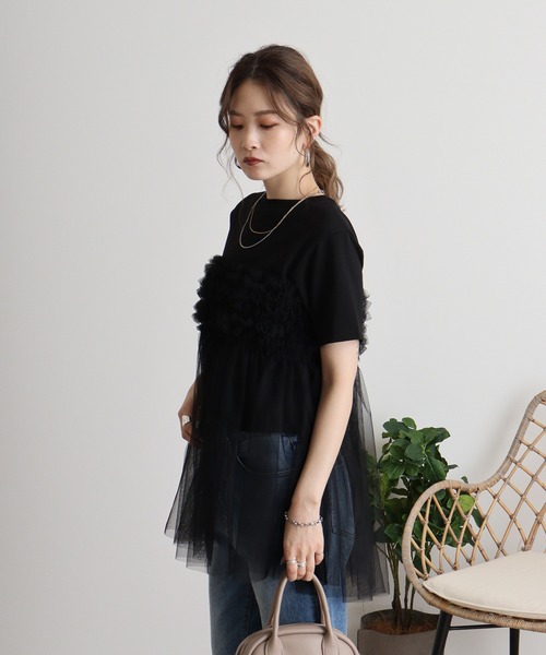 atONE(アットワン)の「プリーツチュールドッキングTシャツ(Tシャツ/カットソー・レディース・ブラック/オフホワイト・F)」の6枚目の写真