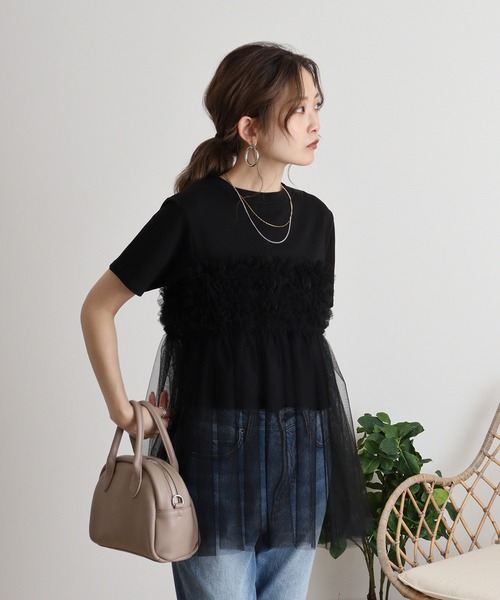 atONE(アットワン)の「プリーツチュールドッキングTシャツ(Tシャツ/カットソー・レディース・ブラック/オフホワイト・F)」の5枚目の写真