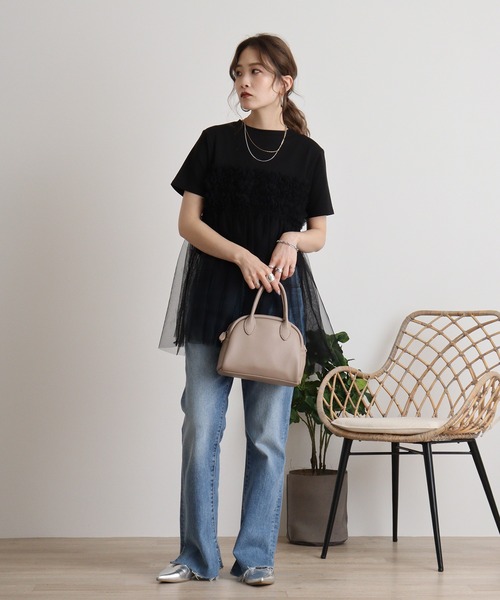 atONE(アットワン)の「プリーツチュールドッキングTシャツ(Tシャツ/カットソー・レディース・ブラック/オフホワイト・F)」の7枚目の写真