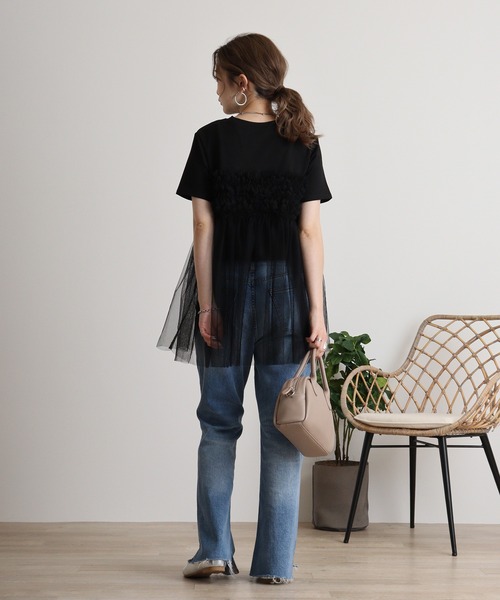 atONE(アットワン)の「プリーツチュールドッキングTシャツ(Tシャツ/カットソー・レディース・ブラック/オフホワイト・F)」の8枚目の写真