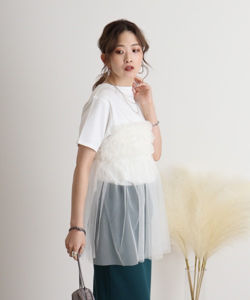 atONE(アットワン)の「プリーツチュールドッキングTシャツ(Tシャツ/カットソー・レディース・ブラック/オフホワイト・F)」の12枚目の写真