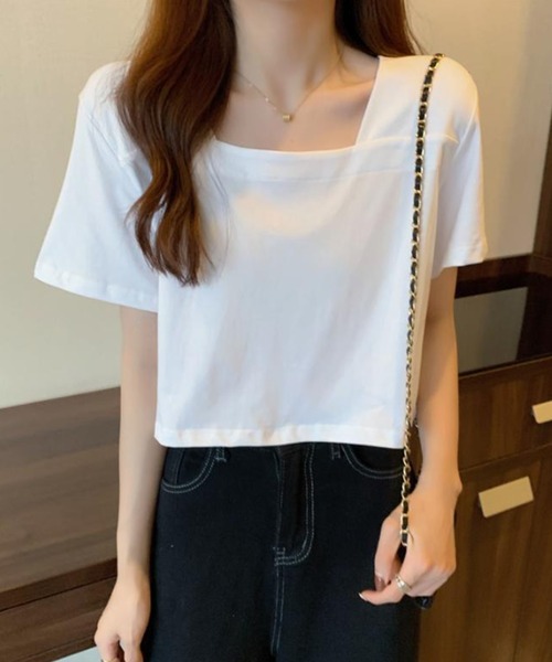 Amulet(アミュレット)の「スクエアネックTシャツ(Tシャツ/カットソー・レディース・ホワイト/ブラック・XL/L/M)」の1枚目の写真