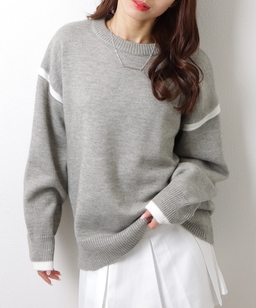 Lace Ladies(レースレディース)の「クルーネック 配色 ライン 長袖 ニット プルオーバー(ニット/セーター・レディース・グレー/ホワイト・FREE)」の2枚目の写真