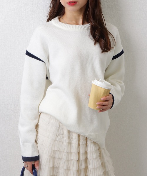 Lace Ladies(レースレディース)の「クルーネック 配色 ライン 長袖 ニット プルオーバー(ニット/セーター・レディース・グレー/ホワイト・FREE)」の1枚目の写真