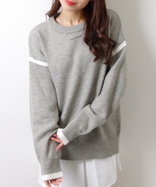 Lace Ladies(レースレディース)の「クルーネック 配色 ライン 長袖 ニット プルオーバー(ニット/セーター・レディース・グレー/ホワイト・FREE)」の3枚目の写真