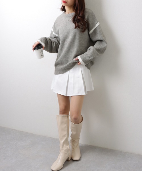 Lace Ladies(レースレディース)の「クルーネック 配色 ライン 長袖 ニット プルオーバー(ニット/セーター・レディース・グレー/ホワイト・FREE)」の4枚目の写真