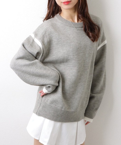 Lace Ladies(レースレディース)の「クルーネック 配色 ライン 長袖 ニット プルオーバー(ニット/セーター・レディース・グレー/ホワイト・FREE)」の5枚目の写真