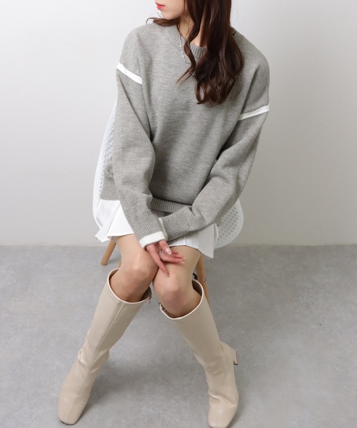 Lace Ladies(レースレディース)の「クルーネック 配色 ライン 長袖 ニット プルオーバー(ニット/セーター・レディース・グレー/ホワイト・FREE)」の7枚目の写真