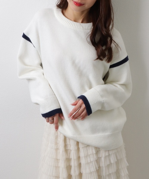 Lace Ladies(レースレディース)の「クルーネック 配色 ライン 長袖 ニット プルオーバー(ニット/セーター・レディース・グレー/ホワイト・FREE)」の11枚目の写真