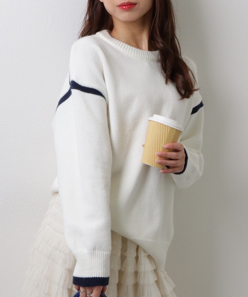 Lace Ladies(レースレディース)の「クルーネック 配色 ライン 長袖 ニット プルオーバー(ニット/セーター・レディース・グレー/ホワイト・FREE)」の12枚目の写真