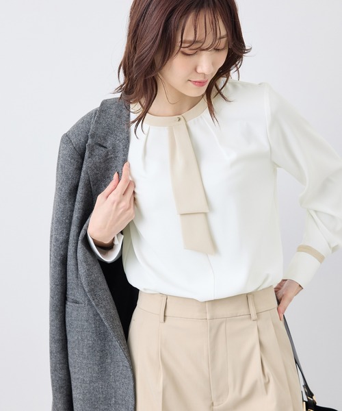 ROPE' PICNIC(ロペピクニック)の「ジョーゼット配色ボウタイ風ブラウス/セレモニー・通勤対応(シャツ/ブラウス・レディース・ホワイト/ホワイト系その他/ライトグリーン/ベージュ/ブルー系その他・36/38)」の3枚目の写真