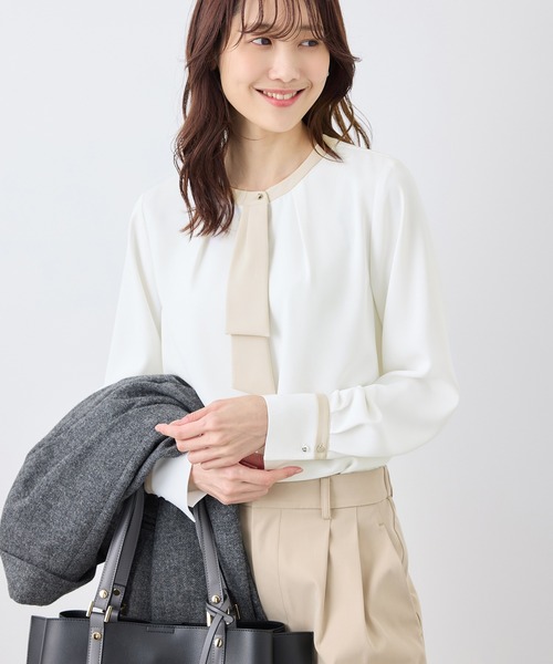 ROPE' PICNIC(ロペピクニック)の「ジョーゼット配色ボウタイ風ブラウス/セレモニー・通勤対応(シャツ/ブラウス・レディース・ホワイト/ホワイト系その他/ライトグリーン/ベージュ/ブルー系その他・36/38)」の6枚目の写真